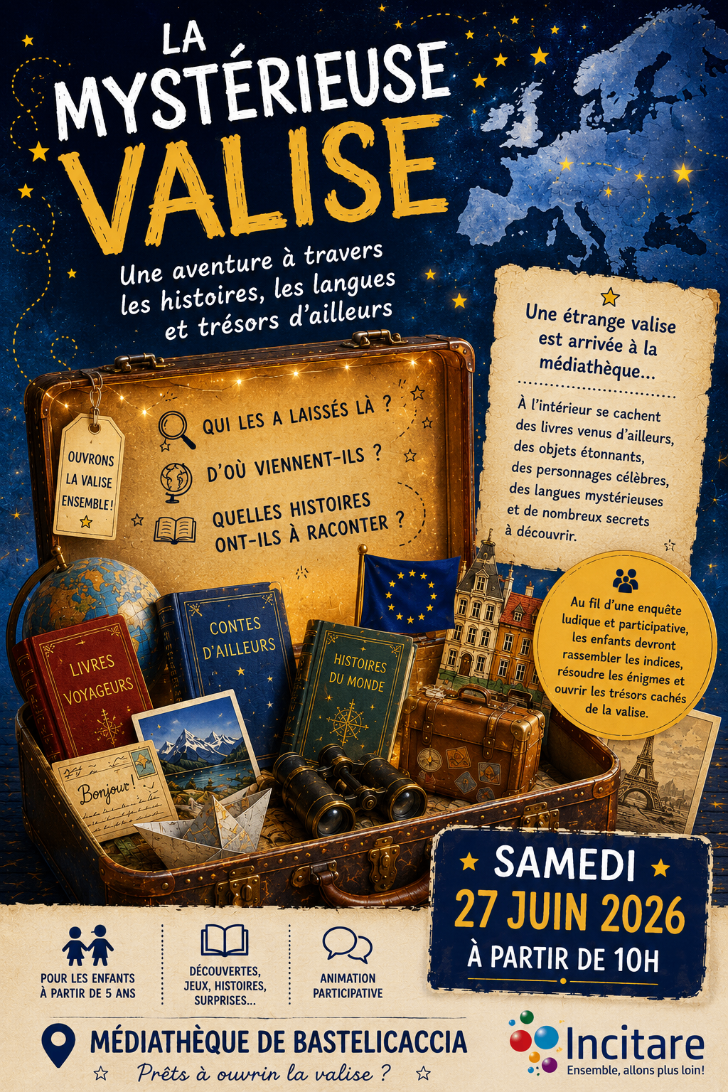 Affiche de l'atelier La Mystérieuse Valise autour de la diversité culturelle et linguistique