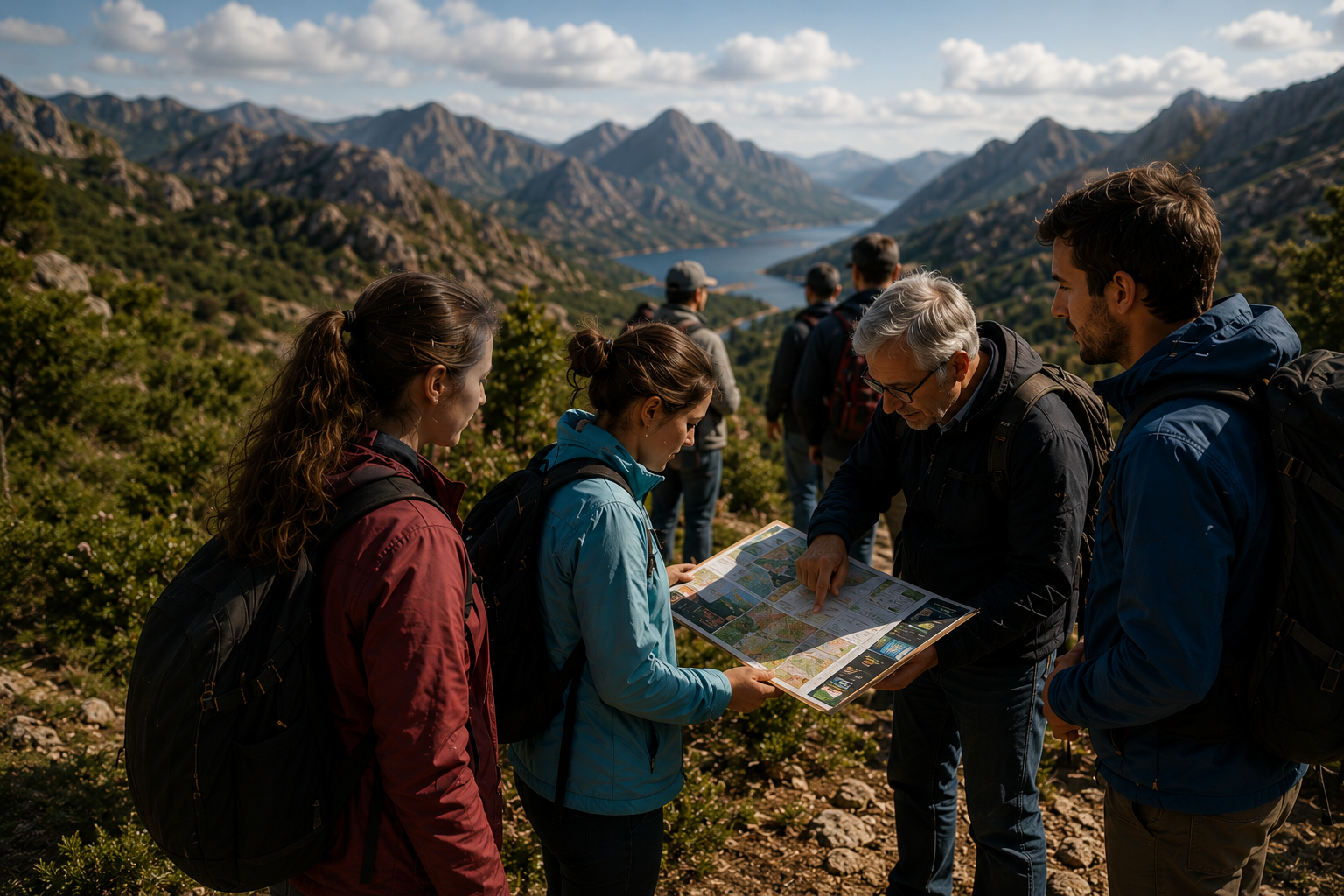 Groupe en randonnée en Corse consultant une carte face aux montagnes